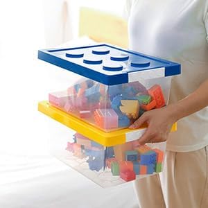 loobuu Plastic Storage Bins with Lids - Stackable Toy Storage Organizer Box Set of 2, Toy Chests with Compatible Building Baseplate and Lid, Storage Container for Building Bricks - Yellow+Blue