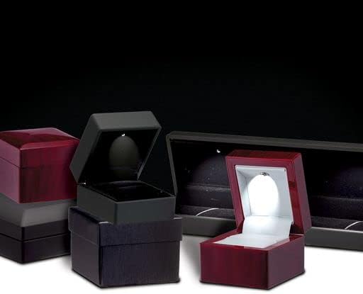 Allure - Bulk Case Of 12 - Luxury Ring Boxes With LED Light, Square Shaped Elegant Diamond Ring Case, For Unique Proposal, Small, Mahogany Wood With Black Leatherette Insert Jewelry Display Gift Box.