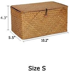 DOKOT Rectangular Handwoven Seagrass Small Storage Basket with Lid for Shelves and Home Organizer Bins,S (10.2"x5.5"x4.3"H), Yellow