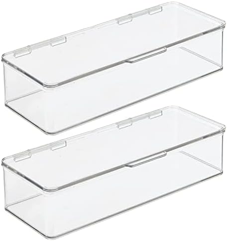 mDesign Long Plastic Playroom/Gaming Storage Organizer Box Containers with Hinged Lid for Shelves or Cubbies, Holds Small Toys, Building Blocks, Puzzles, Markers, Controllers, Crayons, 2 Pack, Clear