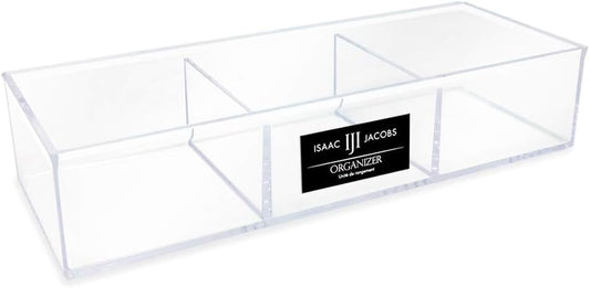 Isaac Jacobs Large 3-Compartment Acrylic Stackable Organizer (12.9" L x 5" W x 2.7" H), Multi-Sectional Tray & Storage Solution for Makeup, Craft Supplies, Bathroom, Kitchen, Office (Clear)