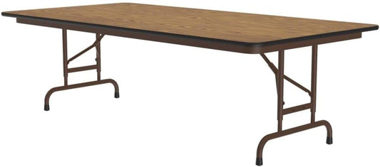 Correll Heavy Duty Adjustable Height Utility Folding Table, Melamine Top, USA Made, Strong Steel Apron, 30"x72", Medium Oak Top Brown Edge