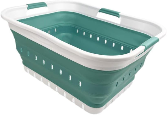 SAMMART 42L (11 gallon) Collapsible Plastic Laundry Basket - Foldable Pop Up Storage Container/Organizer - Space Saving Hamper/Basket (1, White/Celadon Green)