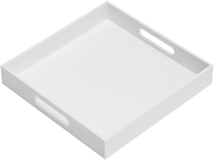 Glossy White 21"X21"X2" Decorative Tray Extra Large Sturdy Acrylic Serving Tray with Handles Countertop Organizer Tray for Ottoman Kitchen Bathroom Office Bar Decorative Tray
