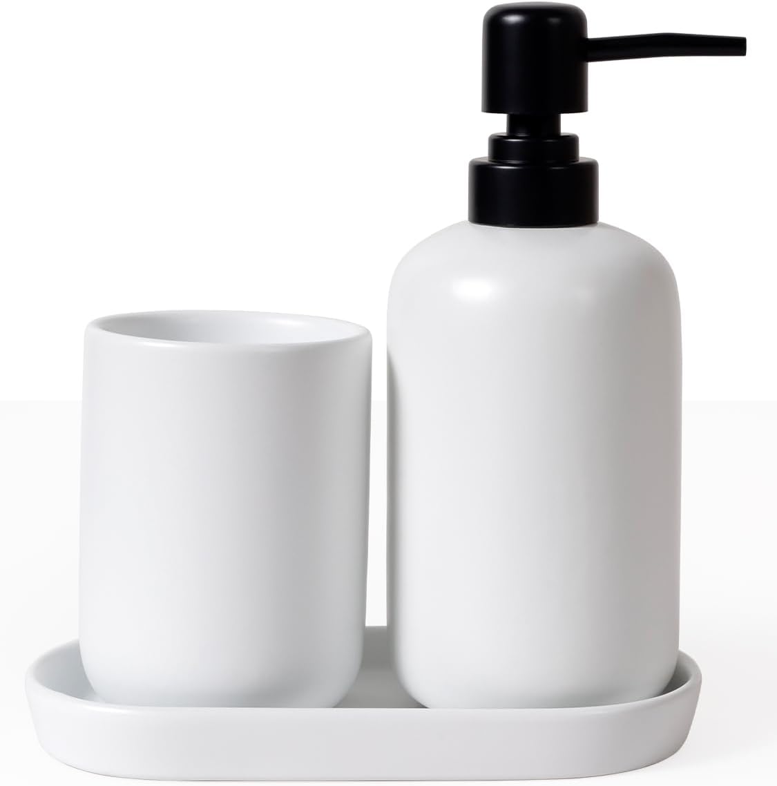 INGOFIN 3 Pcs Ceramic Bathroom Accessory Set - Liquid Soap Dispenser, Toothbrush Holder & Tray, Bathroom Counter Set, Countertop Essentials for Home, Guest Bathroom, or Office Use, White