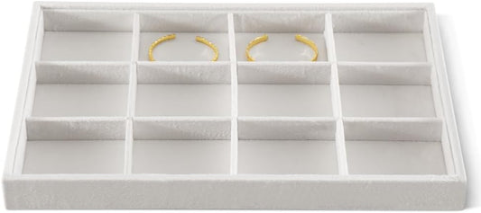 Velvet Stackable Jewelry Display Tray, 12 Grid Watch Bangle Bracelet Storage Tray, Makeup Drawer Insert Jewelry Shop Organizer Plate (White)