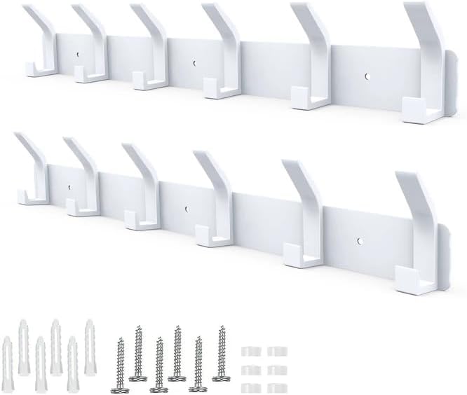 2 Pack Coat Rack Wall Mount,17.3 in Wall Hooks for Hanging, Coat Hanger Wall Mount Towel Rack Hat Rack for Wall with 12 Hooks for Entryway, Bedroom, Bathroom (White)