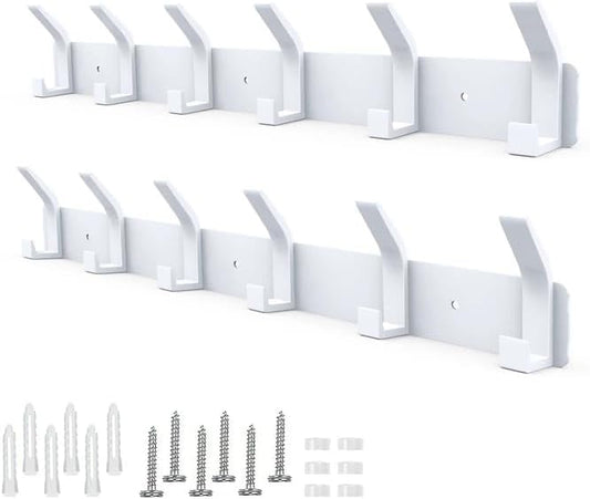 2 Pack Coat Rack Wall Mount,17.3 in Wall Hooks for Hanging, Coat Hanger Wall Mount Towel Rack Hat Rack for Wall with 12 Hooks for Entryway, Bedroom, Bathroom (White)