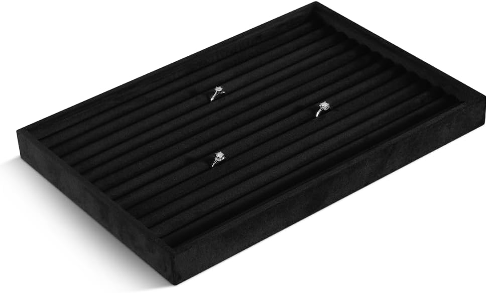 Velvet Ring Display Tray, Stackable Muilt Slot Rings Ear Stud Storage Tray, Drawer Insert Jewelry Accessories Organizers Plate (Black)