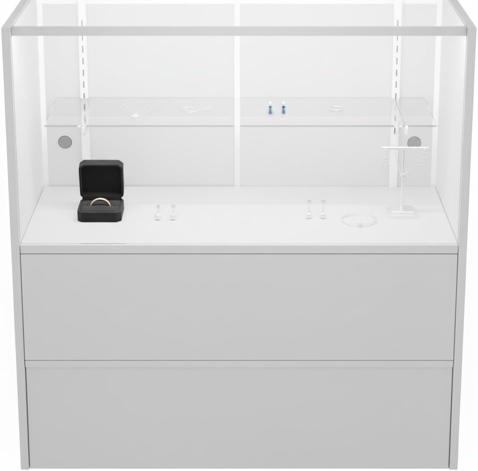 WISDOMFUR 5ft White Display Showcase Cabinet with LED Lighting – Half Vision Retail Glass Display Case, 60" x 18" x 38", Sliding Locking Doors & Storage Shelves