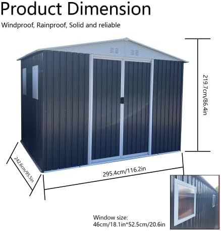 10FT x 8FT Outdoor Storage, Metal Anti-Corrosion Utility Tool House with Lockable Door & Shutter Vents，Outdoor Waterproof Garden Tool Storage Sheds（with 4 Transparent Window）
