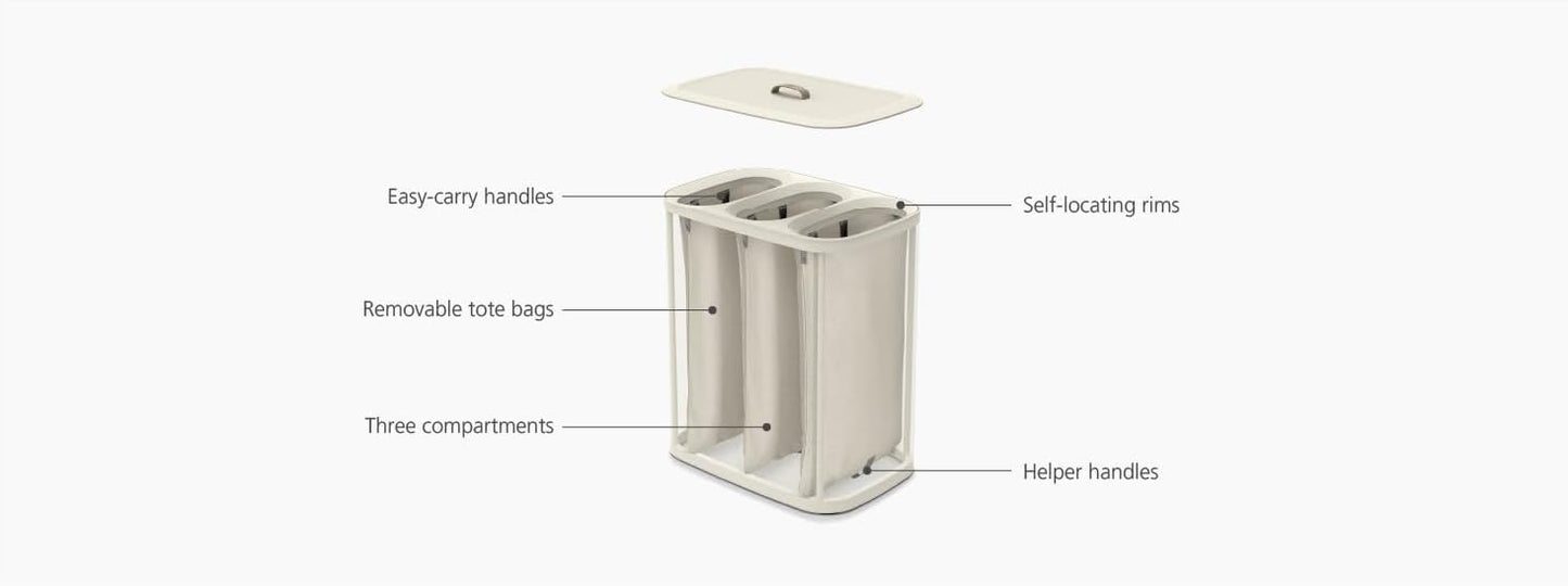 Joseph Joseph Tota Trio 90 liter/23.8 gallon Laundry Hamper Separation Basket with lid, 3 Removable Washing Bags with Handles- Ecru