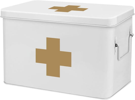 Flexzion First Aid Box Organizer Empty 13" White Vintage First Aid Kit Tin Metal Medical Box - First Aid Storage Box Container Bins with Dividers, Removable Tray and Gold Cross Logo