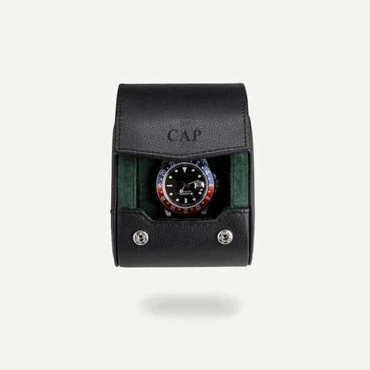 DailyWatch | Personalized Watch Roll Travel Case For 1 Watches - Handmade Genuine Leather Travel Case With Custom Engraving of Name or Initials - Black Green