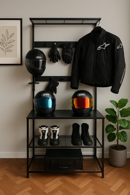 Motorcycle & Sports Helmet Rack & Gear Organizer – Fits 7 Helmets, Jackets, Boots & Gloves – Heavy-Duty Steel + Wood Storage Shelf for Home or Garage