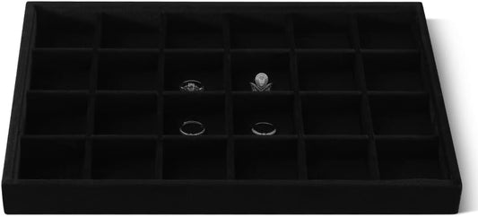 Velvet Stackable Jewelry Display Tray, 24 Grid Earring Ring Storage Tray, Drawer Divider Jewelry Accessories Organizer Plate (Black)