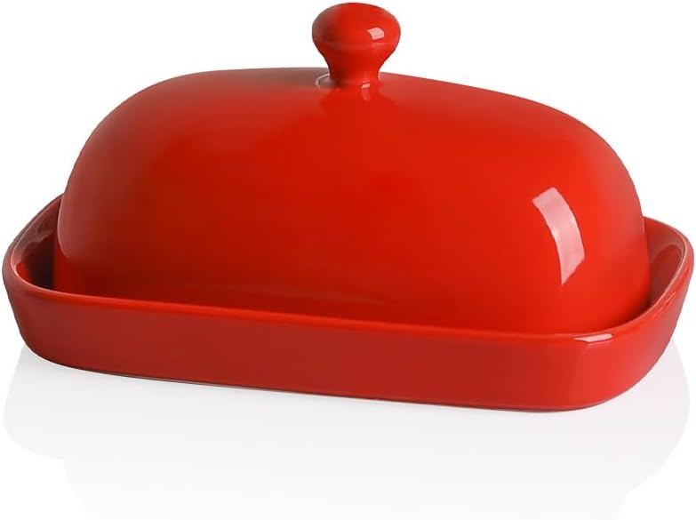 Sweejar Ceramic Butter Dish with Lid for Countertop,Porcelain Butter Keeper with Knob Handle,Butter Container for East/West Coast Butter, 7.1*3.7 inches (Red)