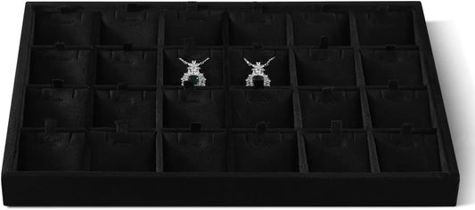 Velvet Necklace Display Tray, Stackable 24 Grid Insert Pendant Necklaces Storage Holder Plate, Jewelry Retail Countertop Organizer (Black)