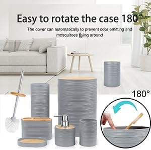 CERBIOR Bathroom Accessories Set 6 Piece Bamboo Bath Ensemble Includes Soap Dispenser, Toothbrush Holder, Toothbrush Cup, Soap Dish for Decorative Countertop and Housewarming Gift, Sriral Grey