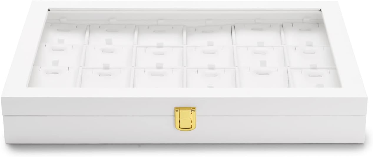 Oirlv White Leather Jewelry Organizer Tray with Acrylic Lid Drawer Insert Jewelry Storage Box with 24 Removable Jewelry Cards Pendant Necklace Display Case Women Gift