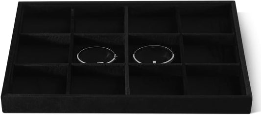 Velvet Stackable Jewelry Display Tray, 12 Grid Watch Bangle Bracelet Storage Tray, Makeup Drawer Insert Jewelry Shop Organizer Plate (Black)