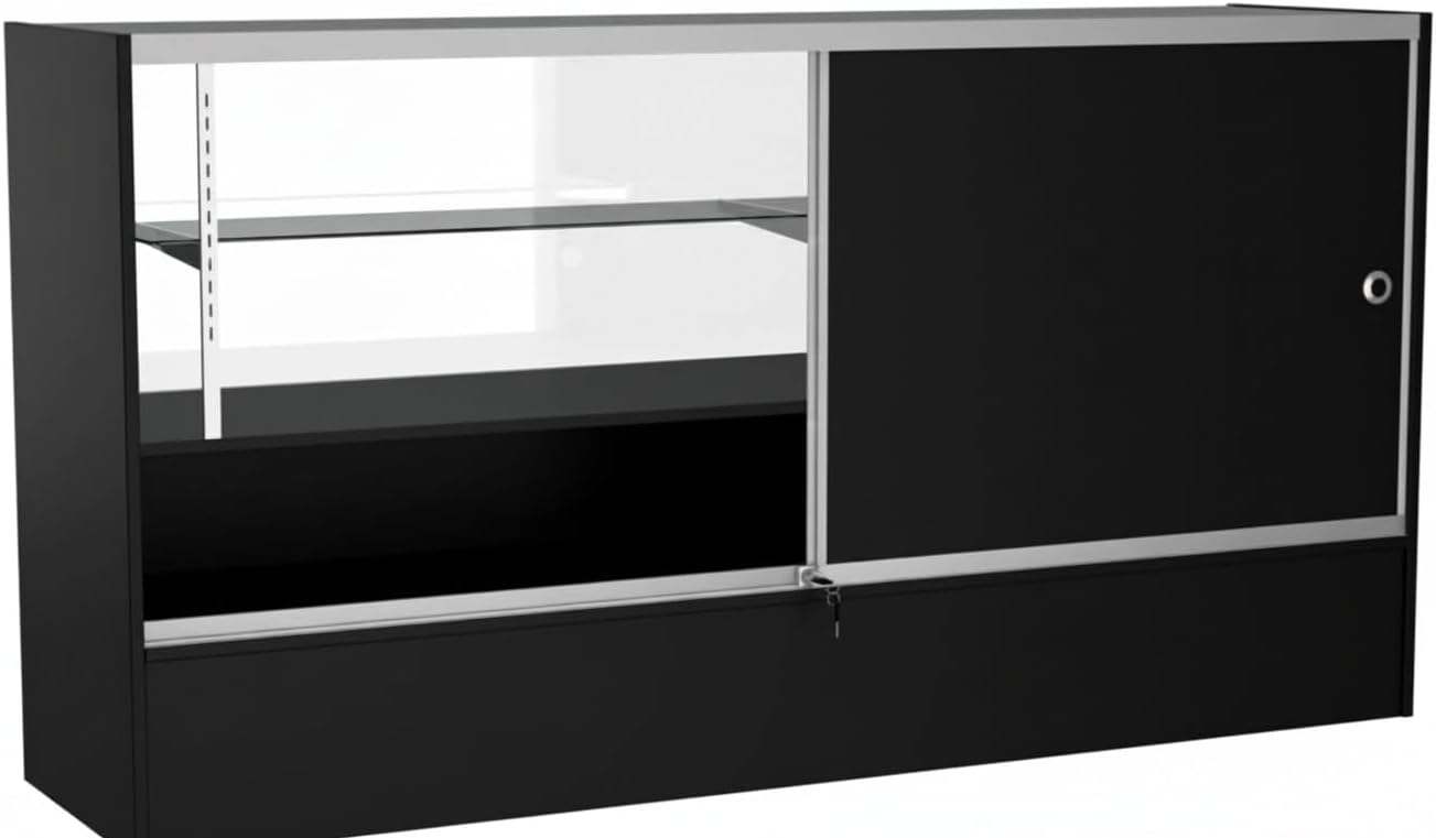 WISDOMFUR 5ft Black Display Showcase Cabinet with LED Lighting – Half Vision Retail Glass Display Case, 60" x 18" x 38", Sliding Locking Doors & Storage Shelves