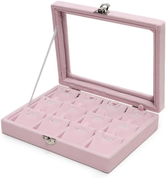 Jewelry Box Necklace Organizer Tray, Pink Velvet Necklace Display Case for Storage Small Display Tray 12 Grid Pendant Holder for Women