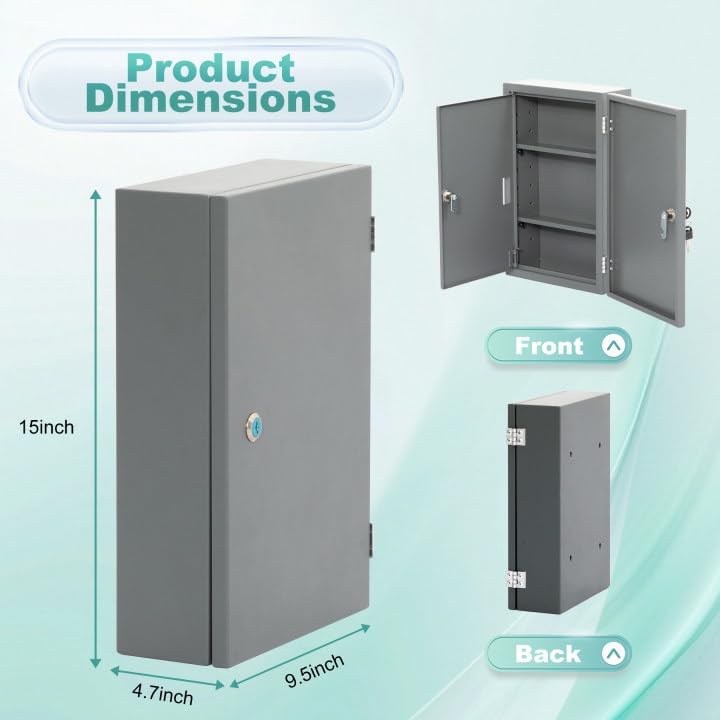 biosp First Aid Wall Mount Medicine Cabinet with Lock, Steel Drug Cabinet with Double Door, Locking Narcotics Safe, 3 Tier Emergency Box, Secure Steel Lock Box for Medication, Grey
