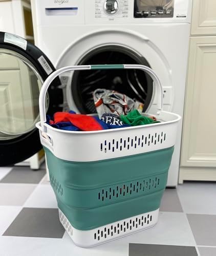 SAMMART 40L (10.5 Gallon) Collapsible Plastic Laundry Basket with Handles - Foldable Pop Up Storage Container/Organizer - Portable Laundry Hamper - Space Saving (2, White/Celadon Green)