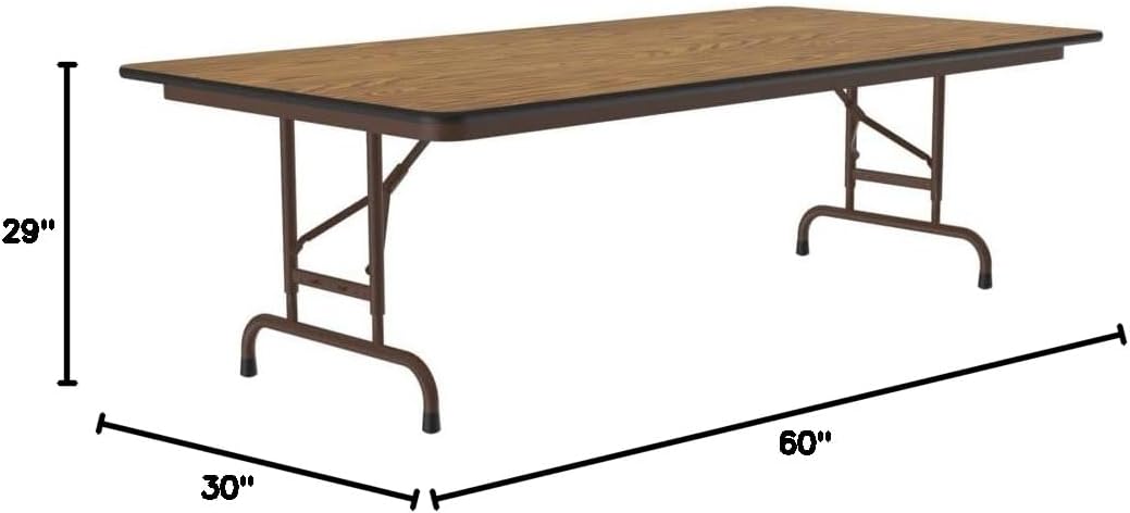Correll Heavy Duty Adjustable Height Utility Folding Table, Melamine Top, USA Made, Strong Steel Apron, 30"x60", Medium Oak Top Brown Edge