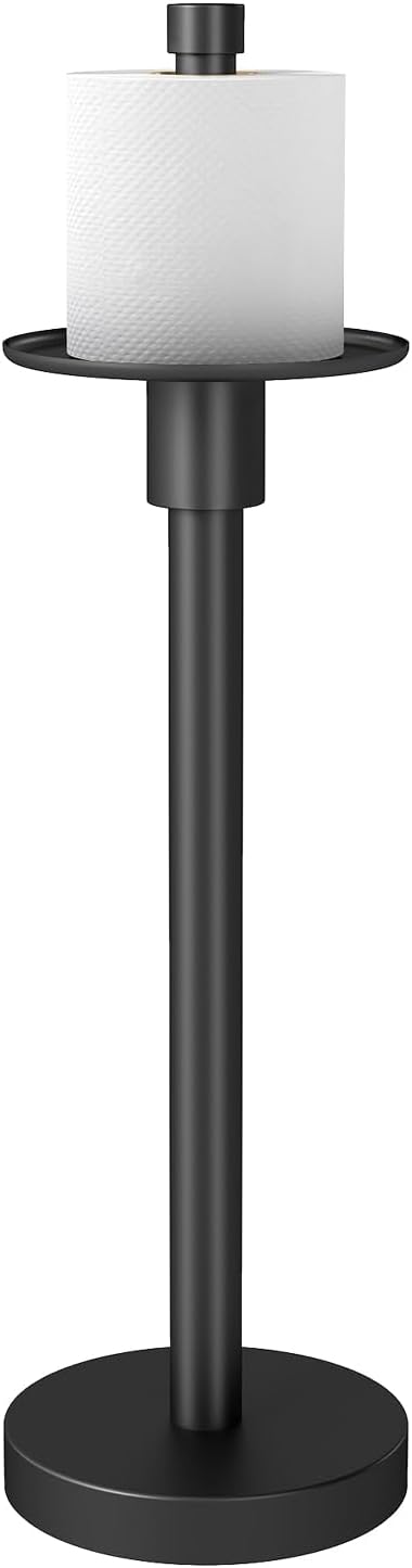 YUMORE Freestanding Toilet Paper Holder, Matte Black/Floor Standing Weighted Base Toilet Paper Holder Stand