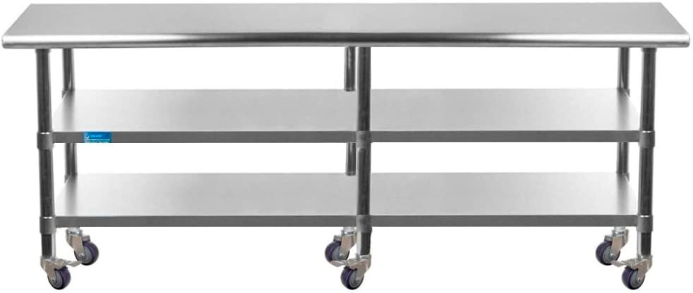 AmGood Stainless Steel Work Table with 2 Shelves and Casters | Metal Utility Table On Wheels (Stainless Steel, 84" Long x 24" Deep)