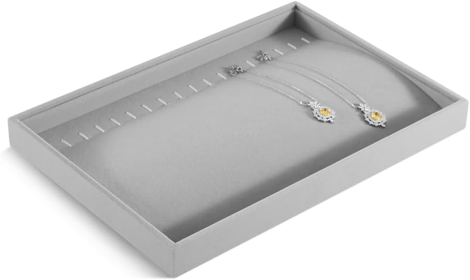 Velvet Jewelry Display Tray For Bracelet Pendant Necklace, Multi-Slot Stackable Storage Tray For Long Chain Jewelries, Drawer Insert Jewelry Organizer (Gray)