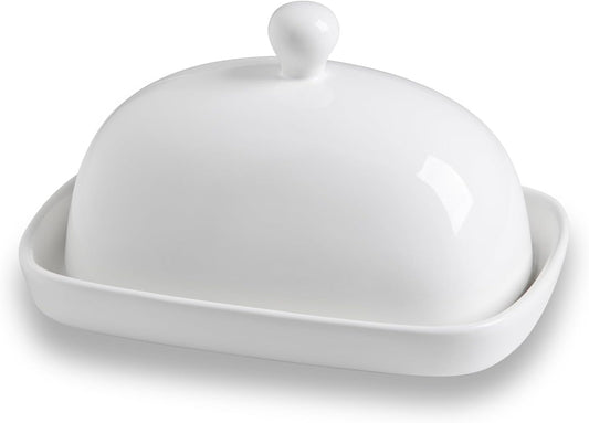 Sweejar Ceramic Butter Dish with Lid for Countertop,Porcelain Butter Keeper with Knob Handle,Butter Container for East/West Coast Butter, 7.3*4.1 inches (White)