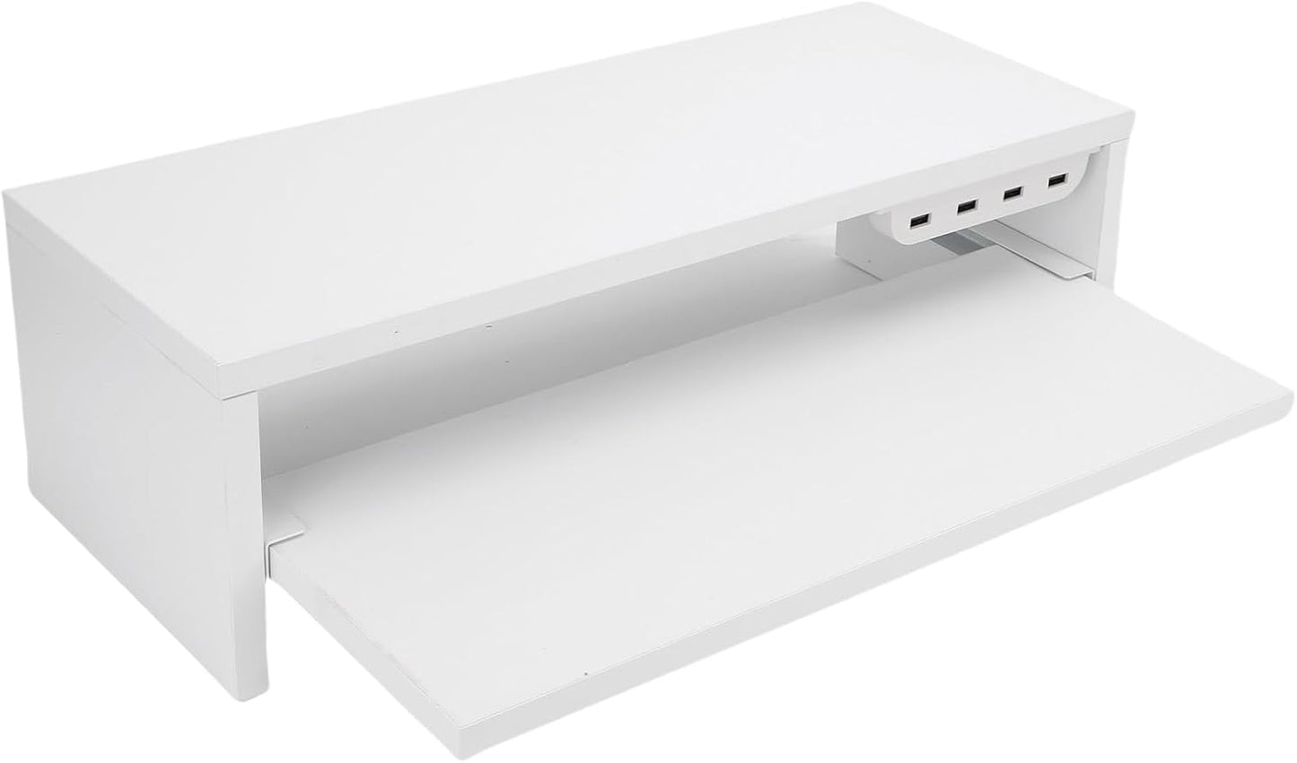 BAFOVY Desktop Monitor Stand Riser with USB Hub and Drawer, 20-Inch Wooden Desk Organizer for Laptop and Computer Screens, 15cm Height Adjustable Solution (Milk White)