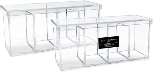 Isaac Jacobs 2-Pack 4-Compartment Clear Acrylic Organizers with Lid (9” L x 3” W x 4” H), Makeup Brush Holder, Sectional Tray, Storage Solution for Makeup, Crafts, Office Supplies & More (2, Clear)