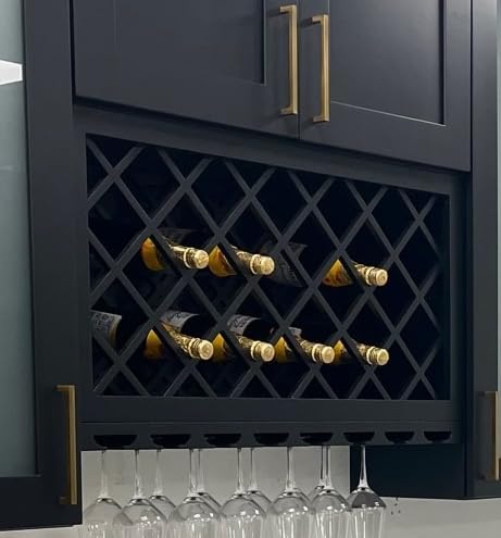 Solid Wood RTA Wine Bottle Rack Wall Cabinet with Lattice Panels Wine Storage for Bar, Pantry, Cellar, Countertop - Mocha (Charcoal Black, 36'W 12'D 18'H)
