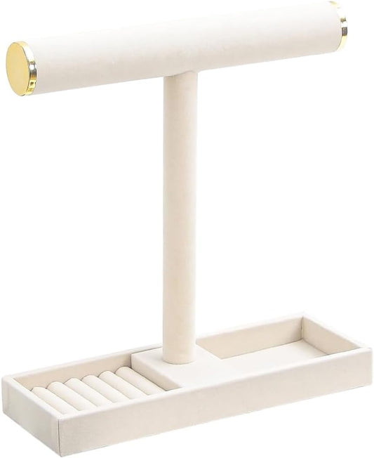 Multi-Use Jewelry Holder Stand, Necklace Bracelet Ring Organizer Stand, Scrunchie Watches Velvet Jewelry Holder Stand With Tray for Women Girls Home Use(Beige with Lid)