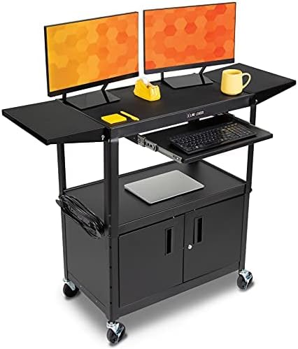 Line Leader Large AV Cart with Locking Cabinet & Drop Leaves, Rolling Height Adjustable Utility Cart with Pullout Laptop Keyboard Tray & Cord Management, Narrow Mobile Workstation (Black, 54 x 18)