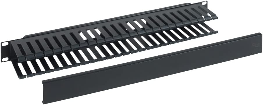 ICC 1U Finger Duct Cable Manager Panel with Cover, Plastic with Metal Back Frame, 3" Depth, Horizontal Cable Management, Rackmount for 19” Network Racks, Black, Single Pack