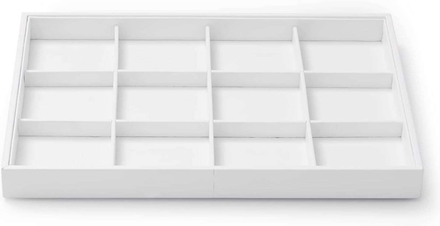 Premium White PU Leather Jewelry Organizer Tray - 12 Grids Display Tray for Earrings, Rings, Bracelets, Necklaces - Dresser & Countertop Storage (35x24cm) - Elegant Jewelry Display for Retail
