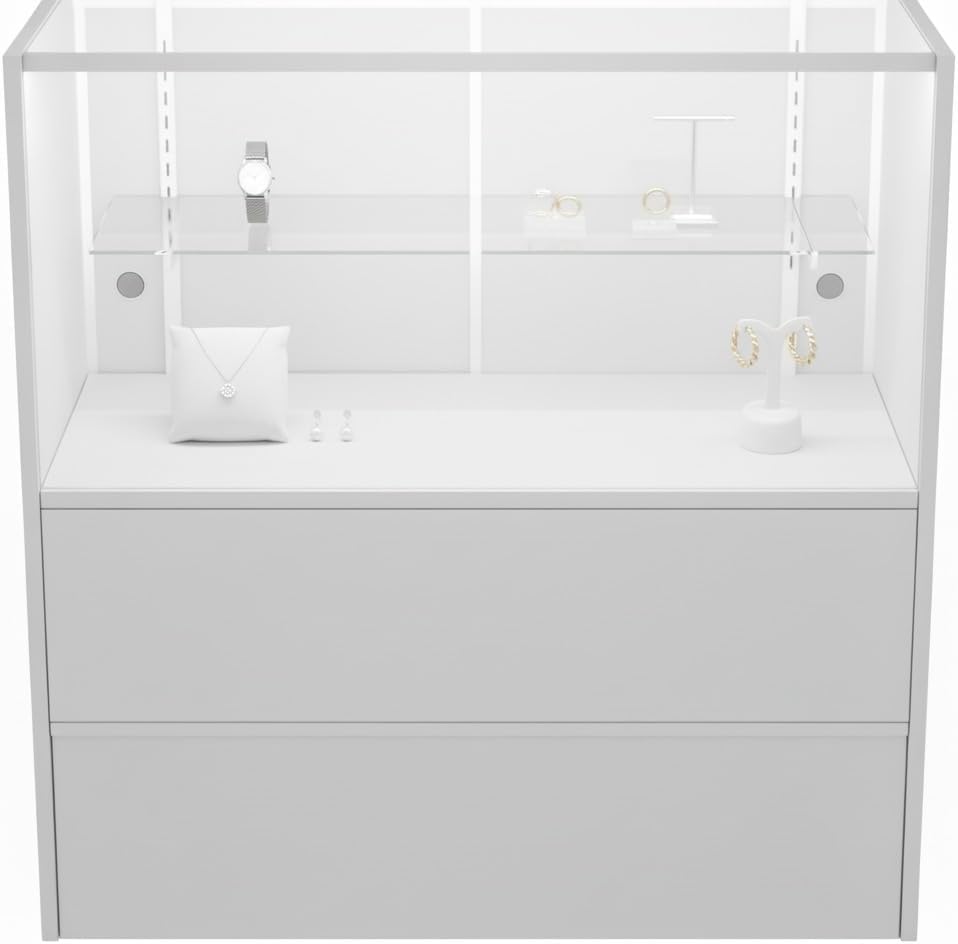 WISDOMFUR 5ft White Display Showcase Cabinet with LED Lighting – Half Vision Retail Glass Display Case, 60" x 18" x 38", Sliding Locking Doors & Storage Shelves