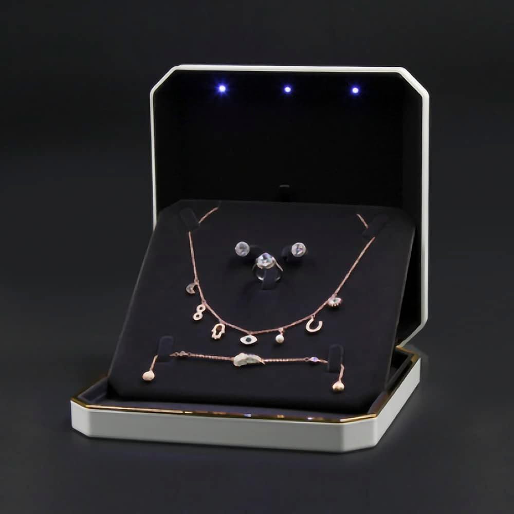HSLFUAI Necklace Box with Led,Jewelry Box for Necklace, Large Necklace Box,Jewelry Gift Box for Wedding, Birthday, Valentine' Day, Mother'S Day, Christmas,Black Velvet Interior Necklace Organizer