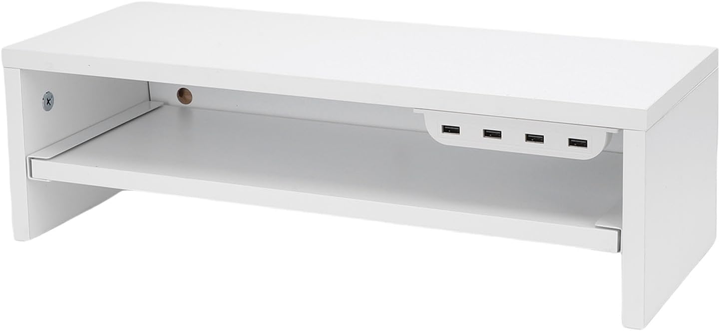 BAFOVY Desktop Monitor Stand Riser with USB Hub and Drawer, 20-Inch Wooden Desk Organizer for Laptop and Computer Screens, 15cm Height Adjustable Solution (Milk White)