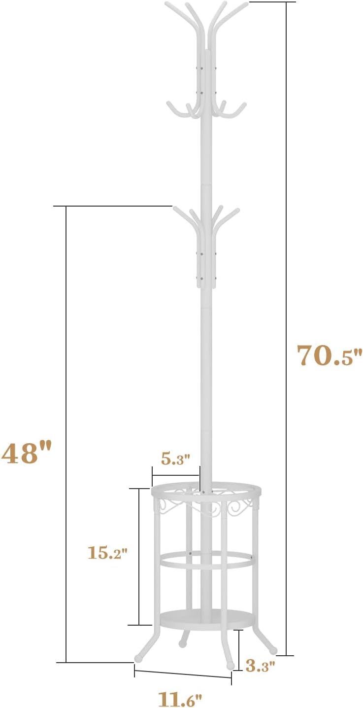 Coat Rack Freestanding with Umbrella Holder – Metal Hanger Stand, Hall Tree with 12 Hooks, Entryway Organizer for Hats, Bags, and Clothes (White)