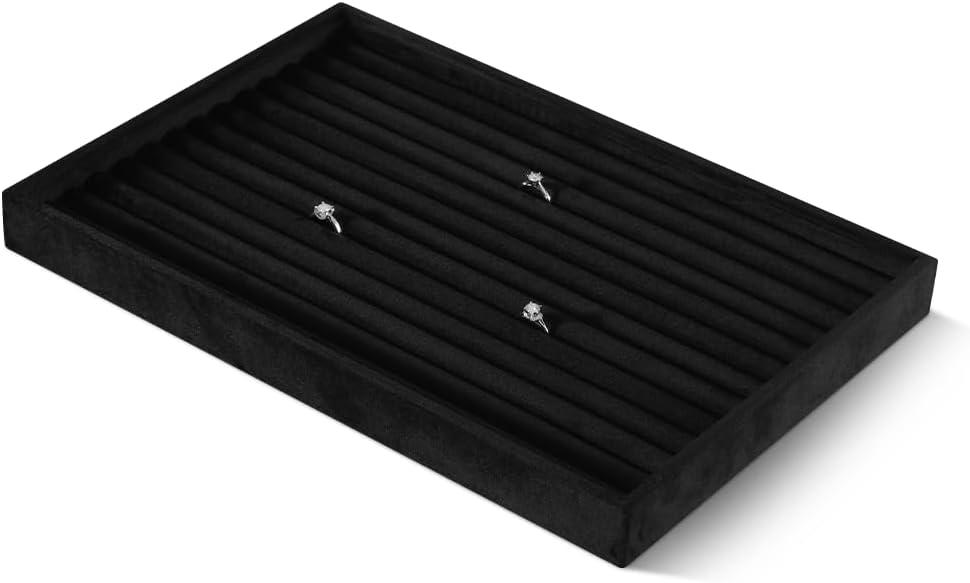 Velvet Ring Display Tray, Stackable Muilt Slot Rings Ear Stud Storage Tray, Drawer Insert Jewelry Accessories Organizers Plate (Black)