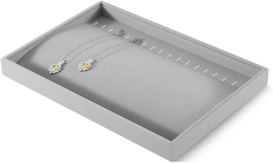 Velvet Jewelry Display Tray For Bracelet Pendant Necklace, Multi-Slot Stackable Storage Tray For Long Chain Jewelries, Drawer Insert Jewelry Organizer (Gray)