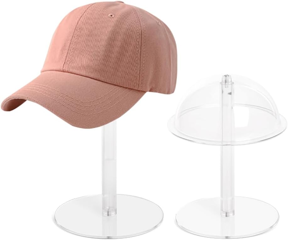 2PCS Acrylic Hat Stand and Wig Display Rack with Height Adjustable, Clear Dome Tabletop Hat Stand Cap, Sun Hat Holder Stand, Cowboy Hat Holder Baseball Cap Rack for Display
