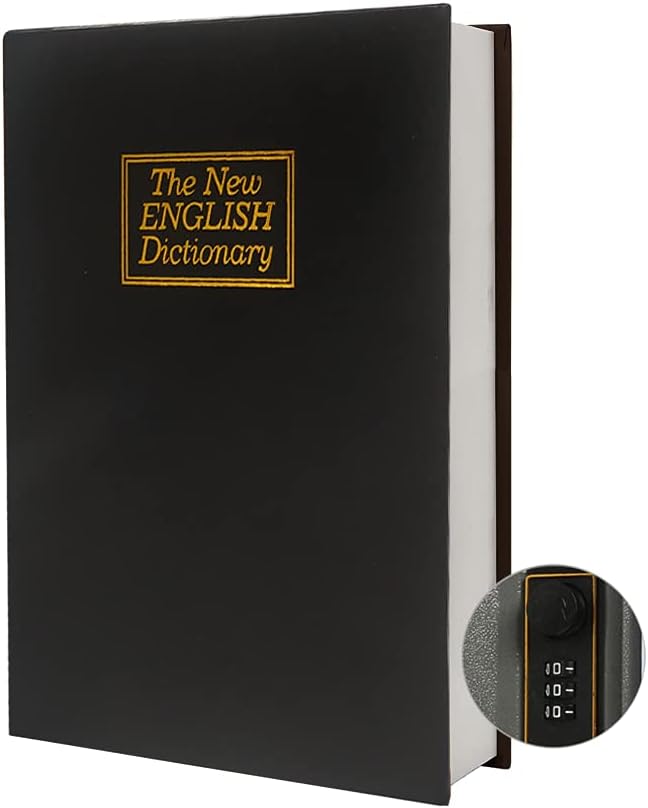 Leather Book Safe (Size 10.79"×7.72"×1.97") Real Paper Secret for Jewelry, Money and Cash, Diversion Book Safe,Hollow with Hidden, Combination Lock (L, Black-Combination)