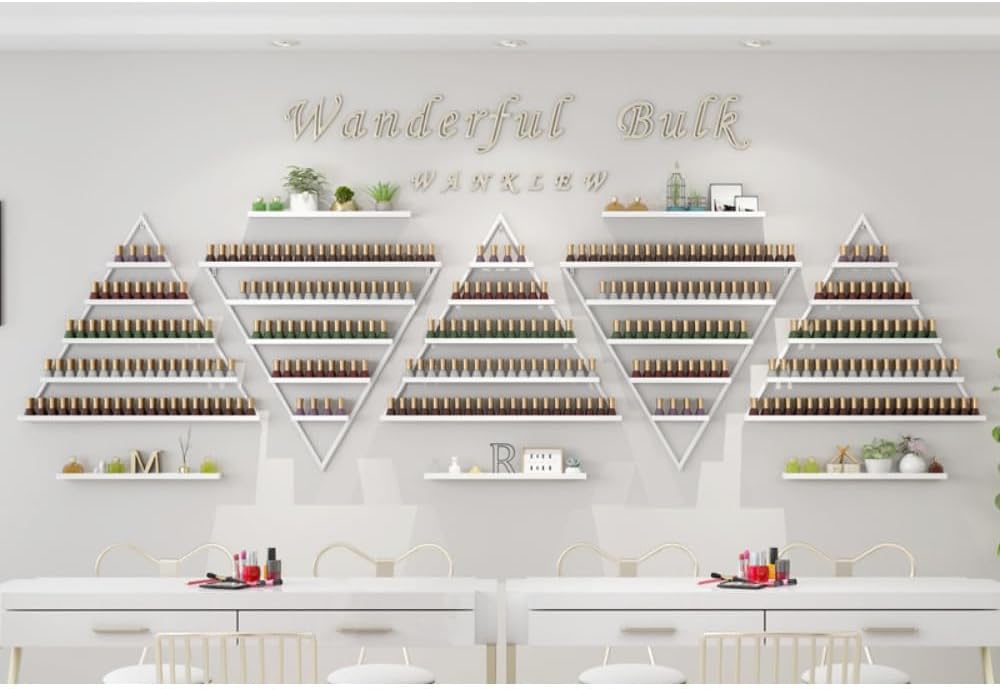 Elegant Wall Mounted Nail Polish Storage Rack Set of 10 Triangular Cosmetic Display Shelves for Essential Oil Bottles, Organize Your Lipsticks and Perfumes in Style at Home or Salon (White)